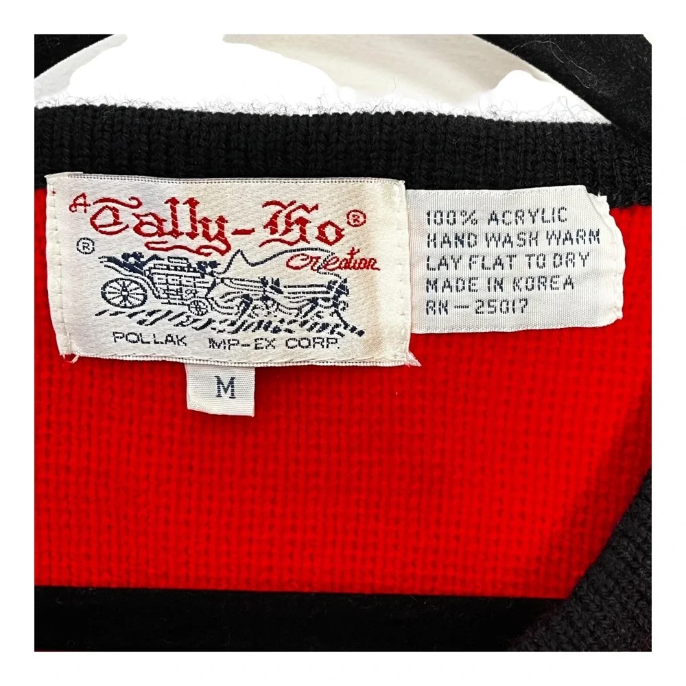 Vintage Tally-Ho Creation Red Black Knit Cardigan‎ Frog Closure Sweater Womens M